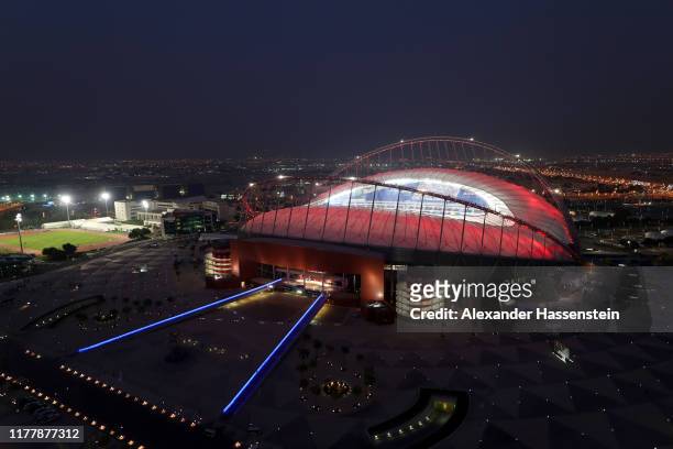 General view of the stadium from the Torch Doha during day three of 17th IAAF World Athletics Championships Doha 2019 at Khalifa International...
