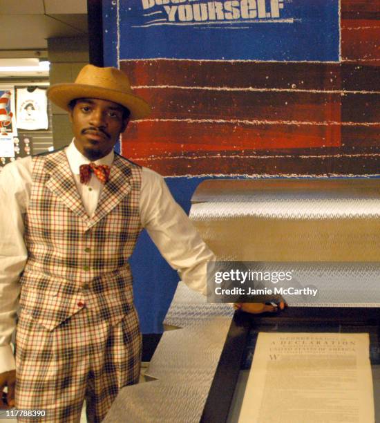 Andre 3000 with The Declaration Of Independence during "Declare Yourself" Photo Call with Andre 3000 and Norman Lear at The Fleet Center in Boston,...