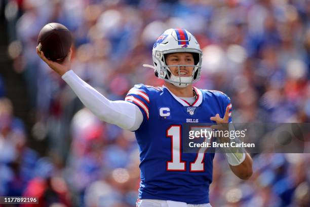 Josh Allen of the Buffalo Bills throws a pass against the New England Patriots during the first quarter in the game at New Era Field on September 29,...