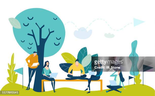Young creating professional people working in park. Self-employments. Developing, taking a risk, support and solving the problem business concept illustration.