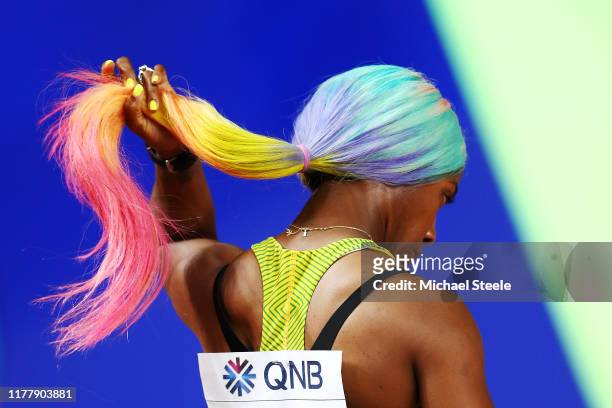 Shelly-Ann Fraser-Pryce of Jamaica prepares to compete in the Women's 100 Metres semifinal during day three of 17th IAAF World Athletics...
