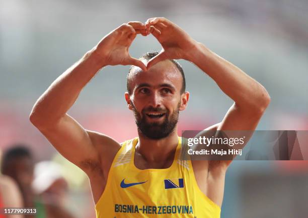 Amel Tuka of Bosnia and Herzegovina reacts after competing in the Men's 800 Metres heats during day three of 17th IAAF World Athletics Championships...