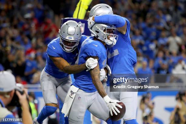 Kenny Golladay of the Detroit Lions celebrates after scoring a 9 yard touchdown thrown by Matthew Stafford against the Kansas City Chiefs during the...