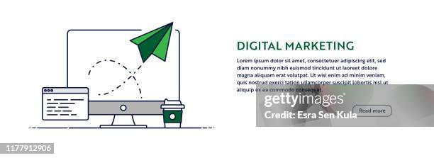 digital marketing concept with line computer illustration. minimal design for web banner, poster, flyer and brochure template with paper airplane icon. - vehicle-features-icon stock illustrations