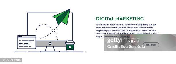 digital marketing concept with line computer illustration. minimal design for web banner, poster, flyer and brochure template with paper airplane icon. - email newsletter stock illustrations