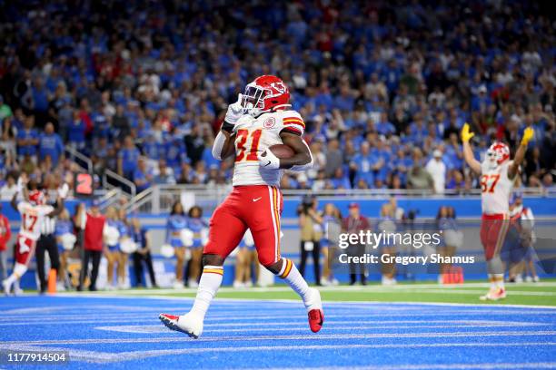 Darrel Williams of the Kansas City Chiefs celebrates after scoring a 1 yard touchdown against the Detroit Lions during the fourth quarter in the game...