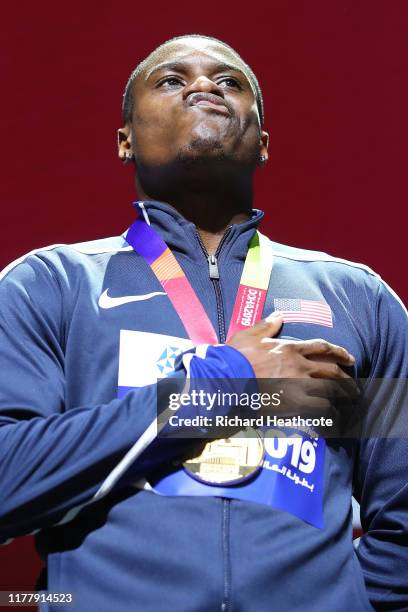 Christian Coleman of the United States, gold, poses during the medal ceremony for the Men's 100 Meters during day three of 17th IAAF World Athletics...