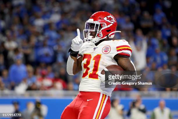 Darrel Williams of the Kansas City Chiefs celebrates after scoring a 1 yard touchdown against the Detroit Lions during the fourth quarter in the game...