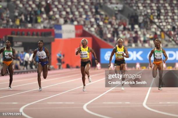 Shelly-Ann Fraser-Pryce of Jamaica competes in the Women's 100 Metres final during day three of 17th IAAF World Athletics Championships Doha 2019 at...