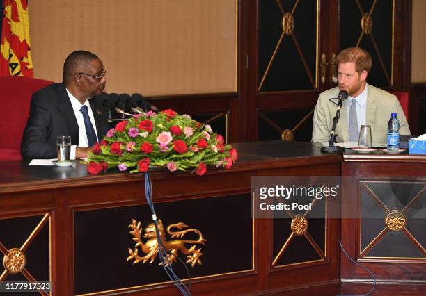 Prince Harry, Duke of Sussex Sussex meets with Professor Arthur Peter Mutharika, President of the Republic of Malawi at the State House on day seven...