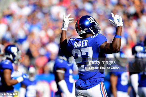 Deandre Baker of the New York Giants reacts during their game against the Washington Redskins at MetLife Stadium on September 29, 2019 in East...