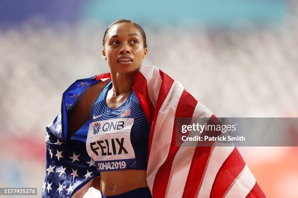 Allyson Felix of the United States reacts after setting a new world record in the 4x400 Metres Mixed Relay during day three of 17th IAAF World...