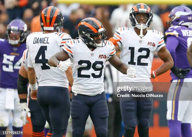 Tarik Cohen of the Chicago Bears reacts after a play during the first half against the Minnesota Vikings at Soldier Field on September 29, 2019 in...