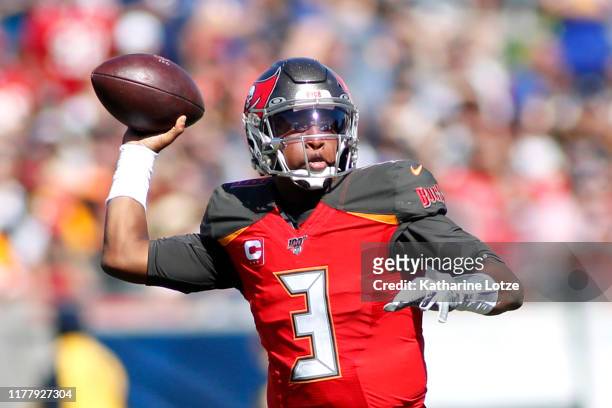 Quarterback Jameis Winston of the Tampa Bay Buccaneers drops back to pass the ball during the second quarter against the Los Angeles Rams at Los...