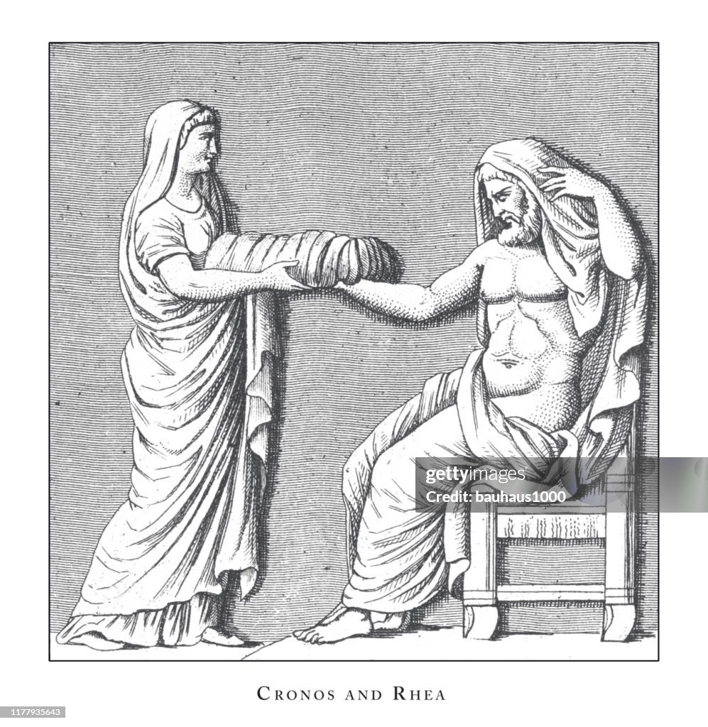 Cronos and Rhea, Sacred Rites, Religious and Mythological Symbols and Religious Paraphernalia of Greece and RomeEngraving Antique Illustration, Published 1851