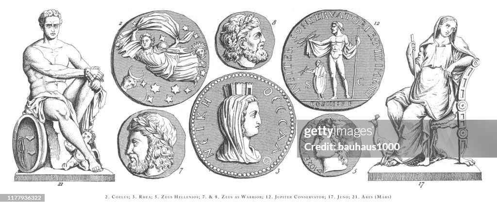 Coelus, Rhea, Zeus Hellenios, Zeus as Warrior, Jupiter Conservator, Juno, Ares (Mars), Legendary Scenes and Figures from Greek and Roman Mythology Engraving Antique Illustration, Published 1851
