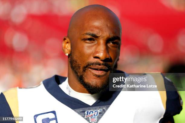 Cornerback Aqib Talib of the Los Angeles Rams exits the field following the Rams 55-40 loss to the Tampa Bay Buccaneers at Los Angeles Memorial...