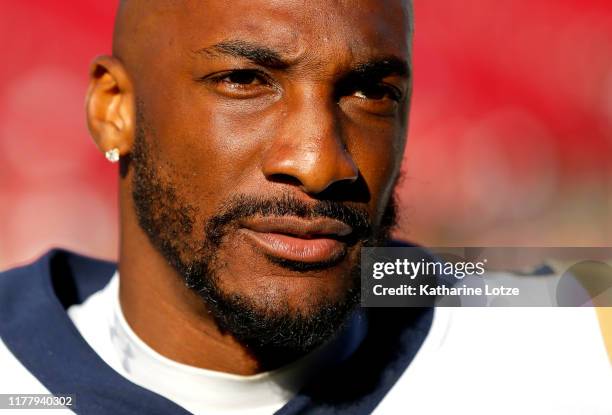 Cornerback Aqib Talib of the Los Angeles Rams exits the field following the Rams 55-40 loss to the Tampa Bay Buccaneers at Los Angeles Memorial...