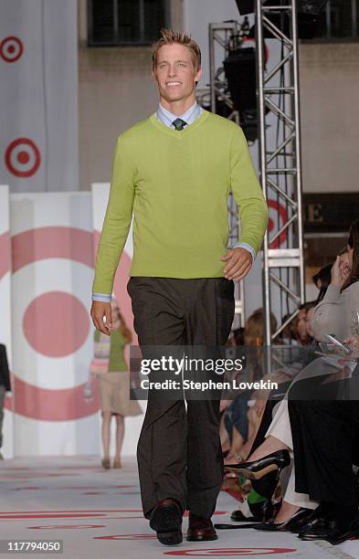 Model wearing Target Fall 2005 collection during Target Debuts Fall 2005 Collection on Nine-Story-High Vertical Runway at Rockefeller Center in New...