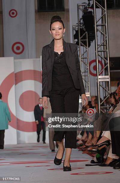 Model wearing Target Fall 2005 collection during Target Debuts Fall 2005 Collection on Nine-Story-High Vertical Runway at Rockefeller Center in New...