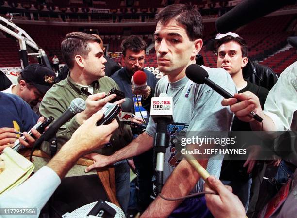 John Stockton of the Utah Jazz talks to reporters 02 June during a press conference before his morning workout at the United Center in...