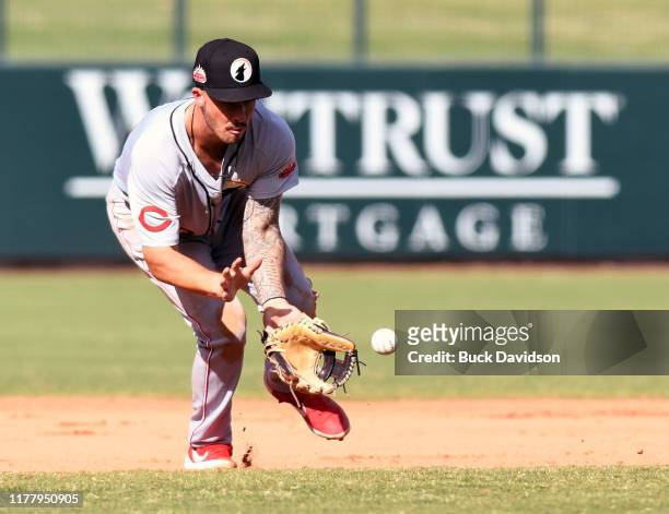 Jonathan India of the Glendale Desert Dogs fields a ground ball against the Mesa Solar Sox at Sloan Park on Monday, October 14, 2019 in Mesa, Arizona.