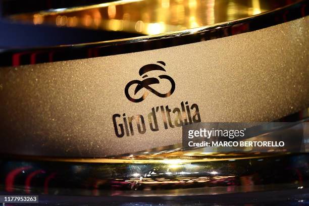 The logo of the Giro d'Italia cycling race is pictured on the winner's "Never ending trophy" during the presentation of the Giro d'Italia 2020 on...