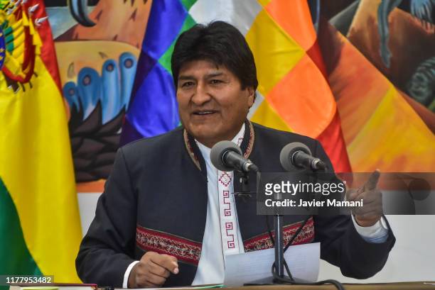 President of Bolivia Evo Morales speaks during a press conference on October 24, 2019 in La Paz, Bolivia. President Evo Morales announced his victory...