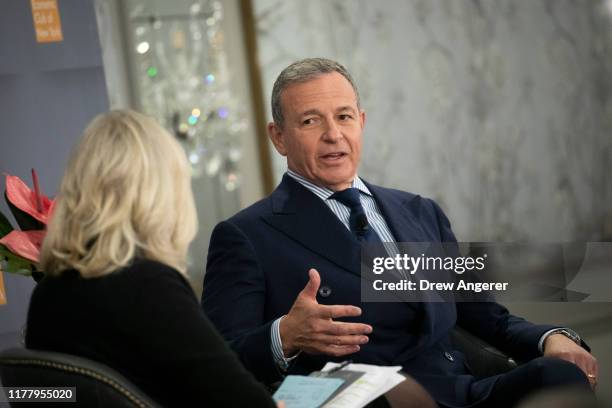Bob Iger, chairman and chief executive officer of The Walt Disney Company, speaks in a conversation with journalist Diane Sawyer during an Economic...