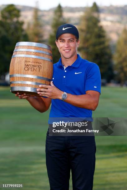 Cameron Champ poses with the trophy after winning the final round of the Safeway Open at the Silverado Resort on September 29, 2019 in Napa,...
