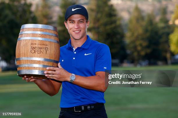 Cameron Champ poses with the trophy after winning the final round of the Safeway Open at the Silverado Resort on September 29, 2019 in Napa,...