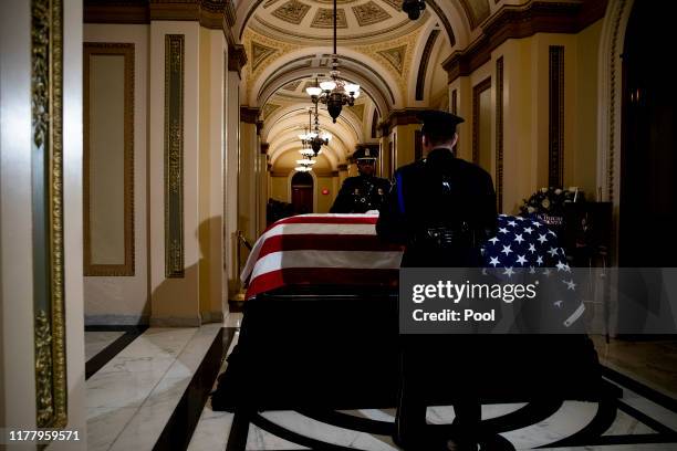 The flag-draped casket of U.S. Rep. Elijah Cummings lies in state outside of the House Chamber in the Will-Rodgers corridor of the U.S. Capitol...