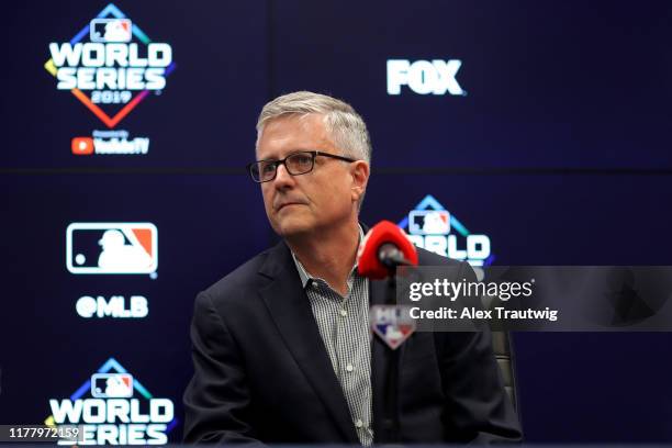 President of Baseball Operations and General Manager Jeff Luhnow of the Houston Astros talks to the media during the press conference during the...