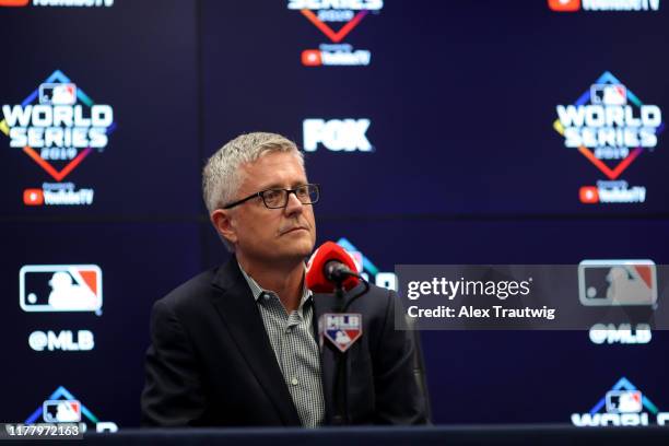 President of Baseball Operations and General Manager Jeff Luhnow of the Houston Astros talks to the media during the press conference during the...