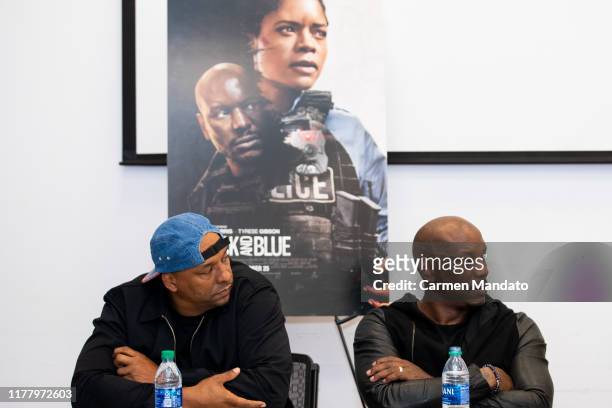 Deon Taylor and Tyrese Gibson are seen during the "Black & Blue" cast members' visit to Morehouse College on October 24, 2019 in Atlanta, Georgia.