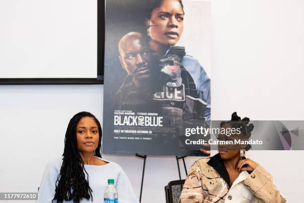 Naomie Harris and Nafessa Williams are seen during the "Black & Blue" cast members' visit to Morehouse College on October 24, 2019 in Atlanta,...