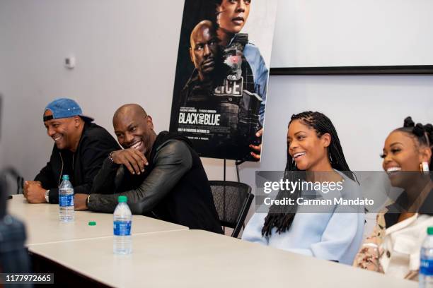 Deon Taylor, Tyrese Gibson, Naomie Harris, and Nafessa Williams are seen during the "Black & Blue" cast members' visit to Morehouse College on...