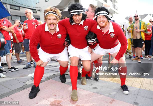 Welsh fans are pictured ahead of the Rugby World Cup 2019 Group D game between Australia and Wales at Tokyo Stadium on September 29, 2019 in Chofu,...