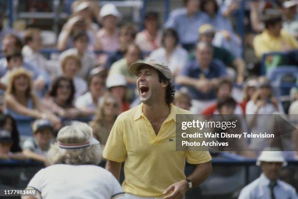 Chevy Chase playing in the Eighth Annual Robert F Kennedy Pro/Celebrity Tennis Tournament on August 25 at Flushing Meadows Park.