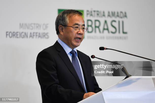 China's Vice Premier Hu Chunhua gives a speech during the Brazil-China Business Seminar in Beijing on October 25, 2019.