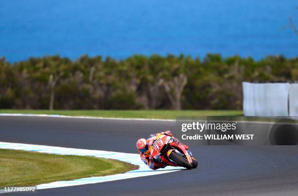 Repsol Honda MotoGP rider Marc Marquez of Spain speeds through a corner during the first practice session of the MotoGP Australian Grand Prix at...