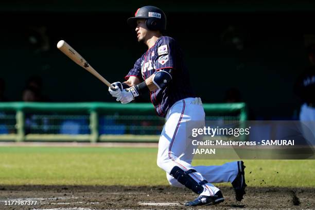 Shuta Tonosaki of Japan in action during the practice game between Samurai Japan and Hokkaido Nippon Ham Fighters at San Marine Stadium on October...