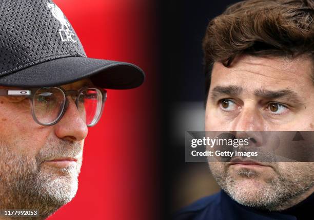 In this composite image a comparison has been made between Jurgen Klopp, Manager of Liverpool and Mauricio Pochettino, Manager of Tottenham Hotspur....