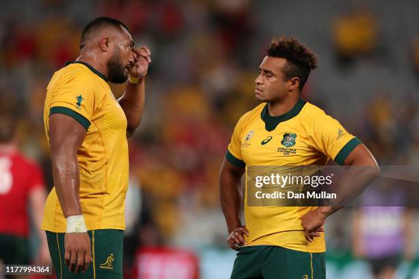 Sekope Kepu and Will Genia of Australia look dejected following their defeat during the Rugby World Cup 2019 Group D game between Australia and Wales...