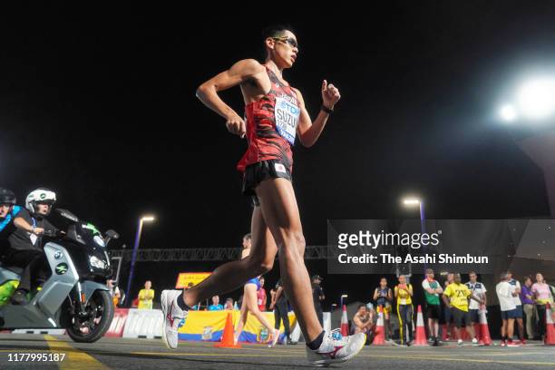 Yusuke Suzuki of Japan competes in the Men's 50 Kilometres Race Walk on day two of 17th IAAF World Athletics Championships Doha 2019 in the early...