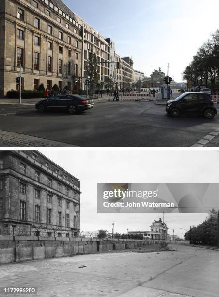 This digital composite image shows Scheidemannstrasse near the Brandenburg Gate in Berlin in 1966 and on October 23, 2019 . BERLIN, GERMANY Cars...