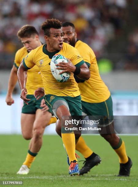 Will Genia of Australia makes a break during the Rugby World Cup 2019 Group D game between Australia and Wales at Tokyo Stadium on September 29, 2019...