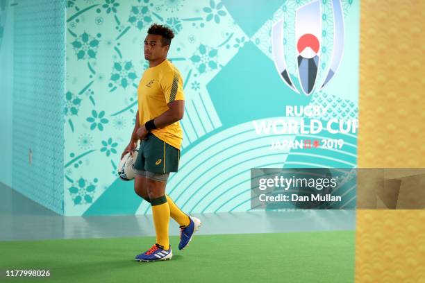 Will Genia of Australia makes his way out to warm up prior to the Rugby World Cup 2019 Group D game between Australia and Wales at Tokyo Stadium on...