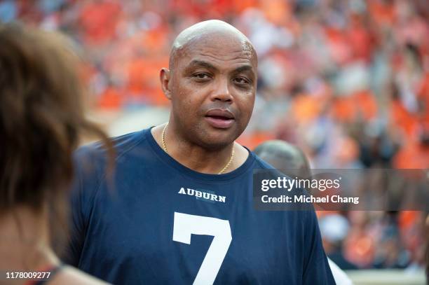 Charles Barkley talks with fans prior to the matchup between the Auburn Tigers and the Mississippi State Bulldogs at Jordan-Hare Stadium on September...