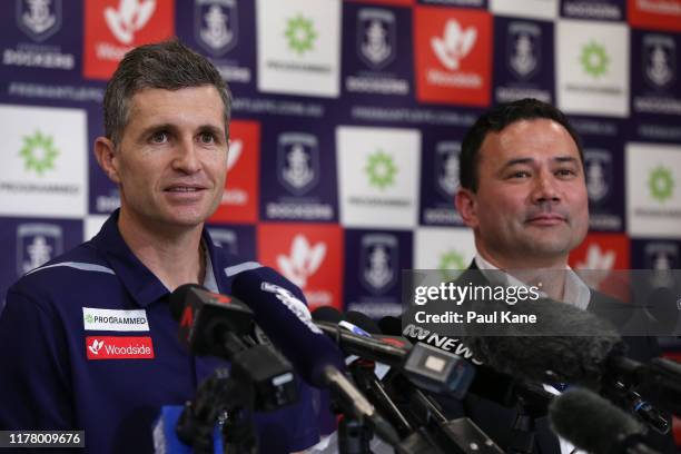 Justin Longmuir, coach of the Fremantle Dockers addresses the media together with Peter Bell during a Fremantle Dockers AFL press conference at the...